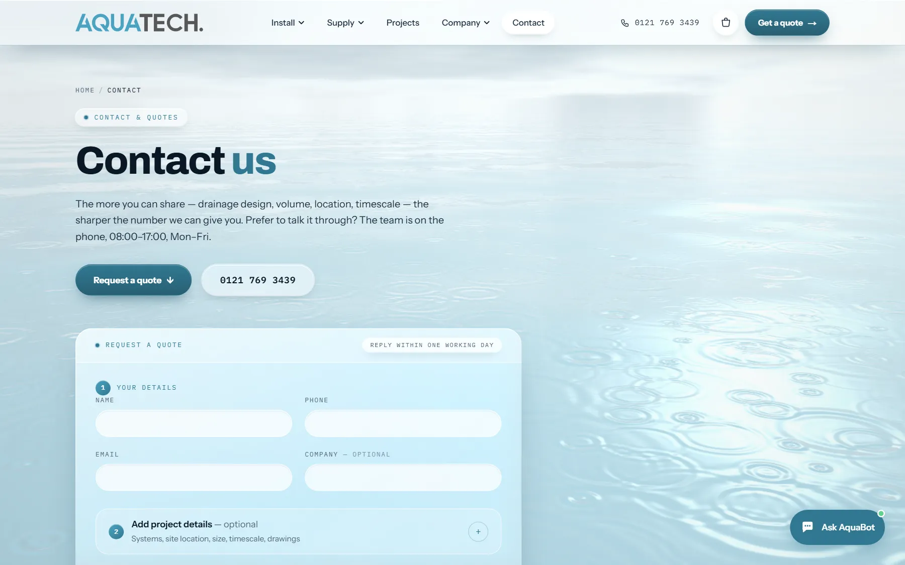 The contact page and quote form