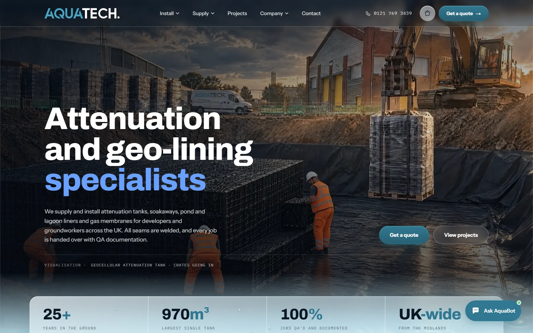 The Aquatech Civils homepage, with the install film behind the headline