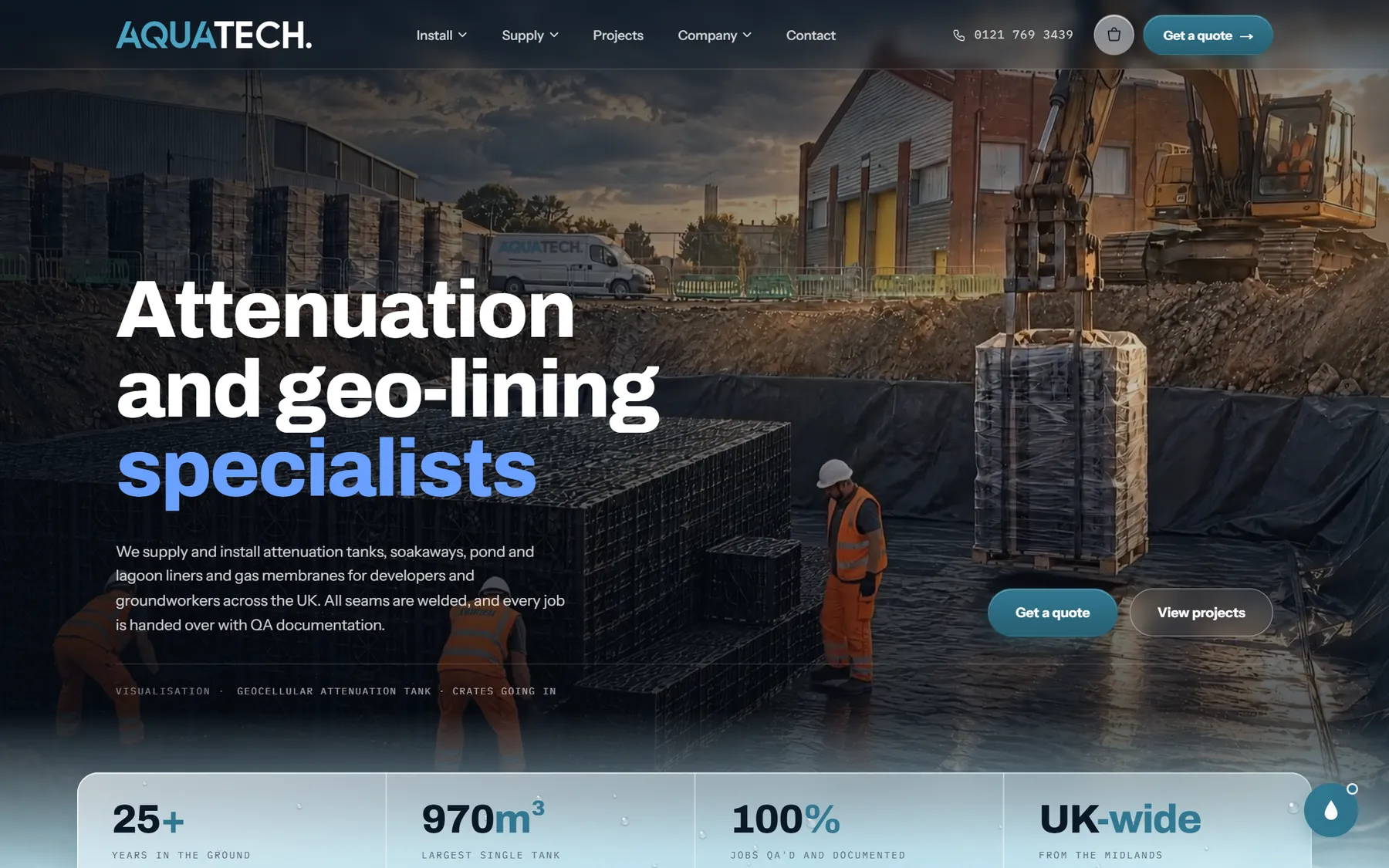 The new Aquatech website's home page, with the hero film of a tank going in