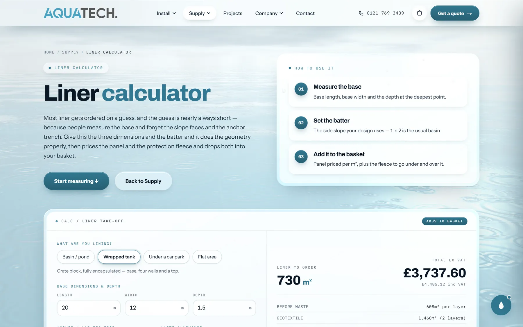 The liner calculator on the new site