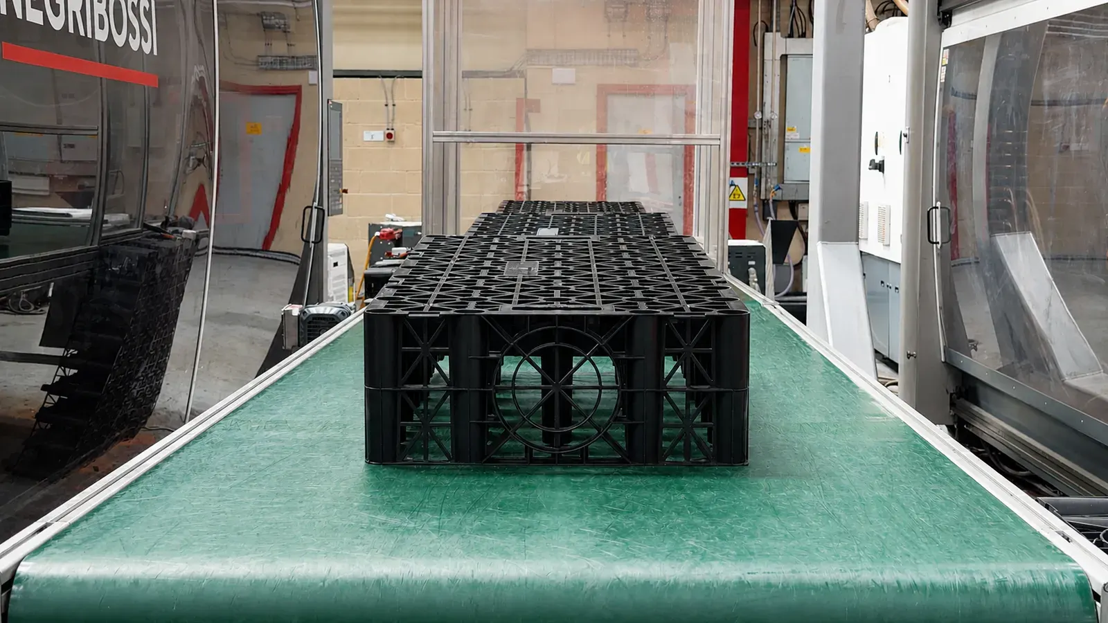 Crates coming off the line on a conveyor