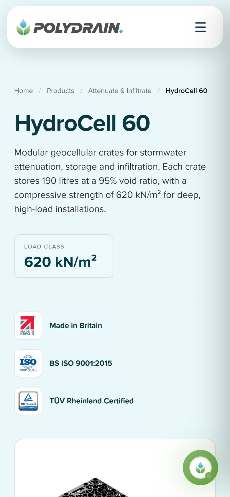 The HydroCell 60 page on a phone