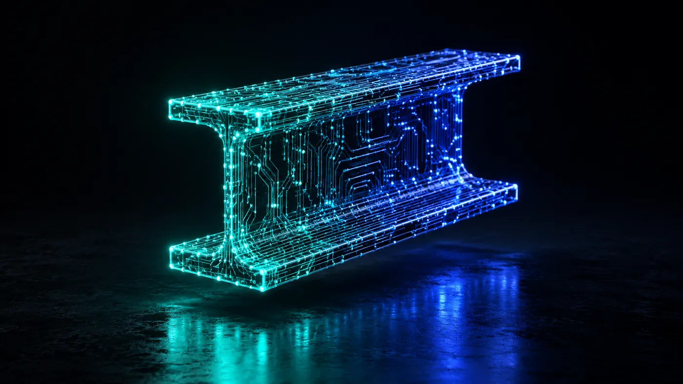 A steel I-beam built from glowing circuit traces and nodes, floating above a dark reflective floor and lit in teal on one end fading to deep blue on the other