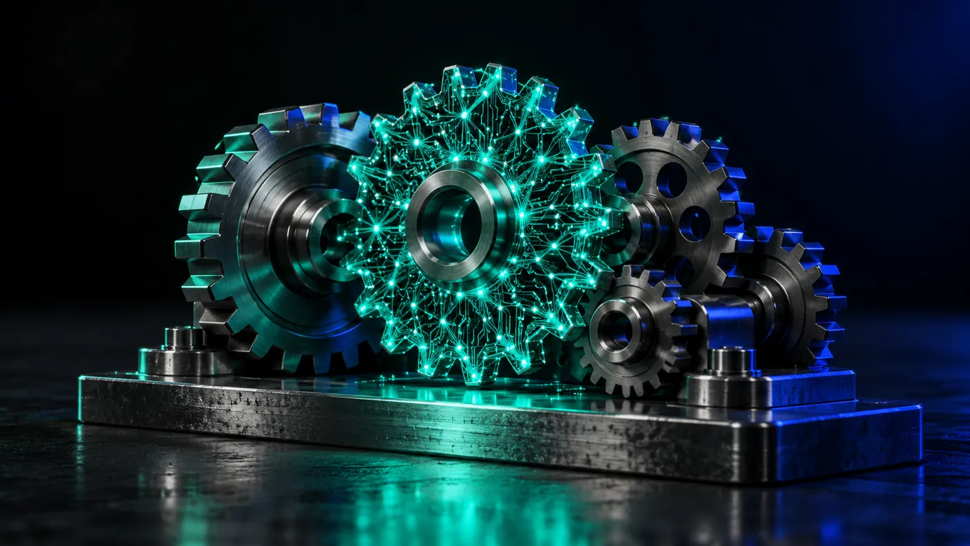 A precision gear assembly on brushed dark metal, its central gear built from a glowing teal circuit lattice and meshed with machined steel gears, lit in teal and deep blue