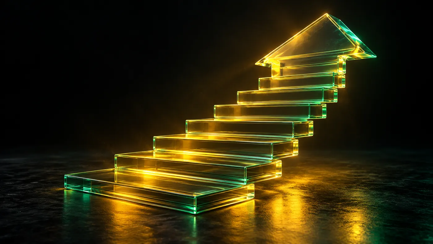 A stack of thin translucent glass slabs rising in steps into an upward arrow, glowing gold with a green rim light, on a dark reflective studio floor