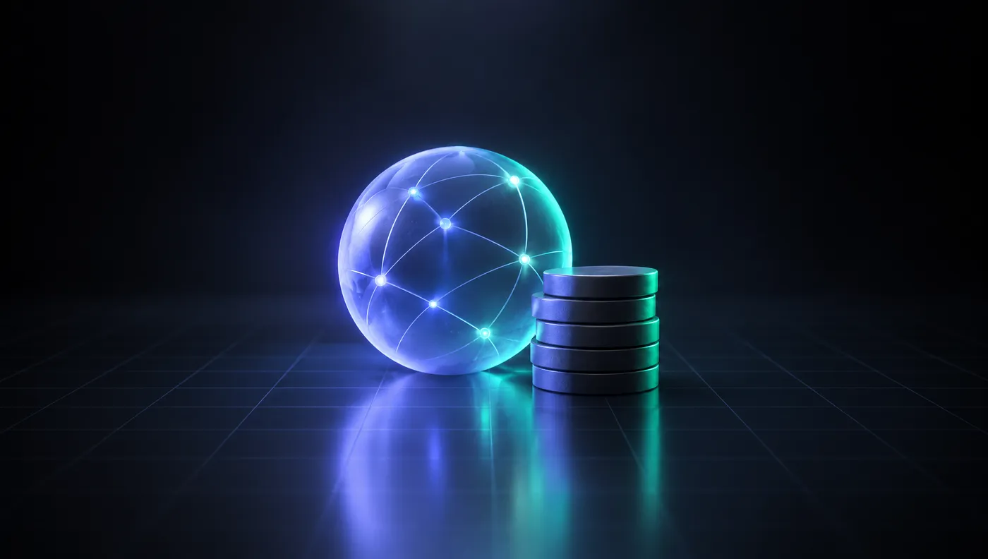 A glass globe with connected glowing points beside a short stack of graphite discs