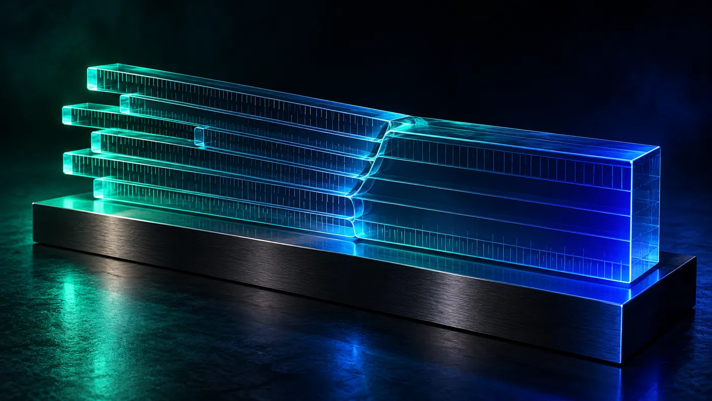 Translucent glass ruler bars, staggered on the left and fused into one clean block on the right, on a brushed steel base lit in teal and blue