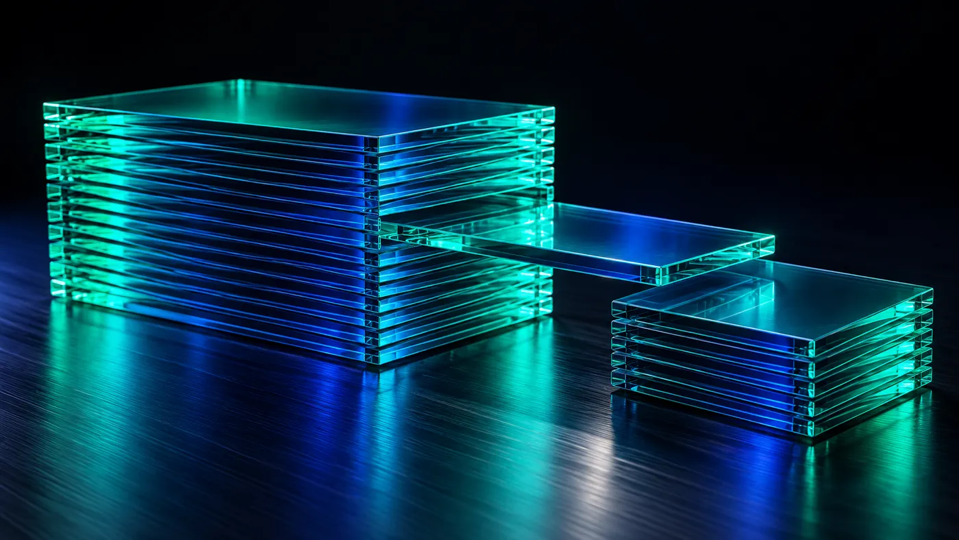 A tall stack of thin translucent glass slabs on brushed metal, with one slab sliding across onto a smaller neat pile beside it, lit in teal and deep blue