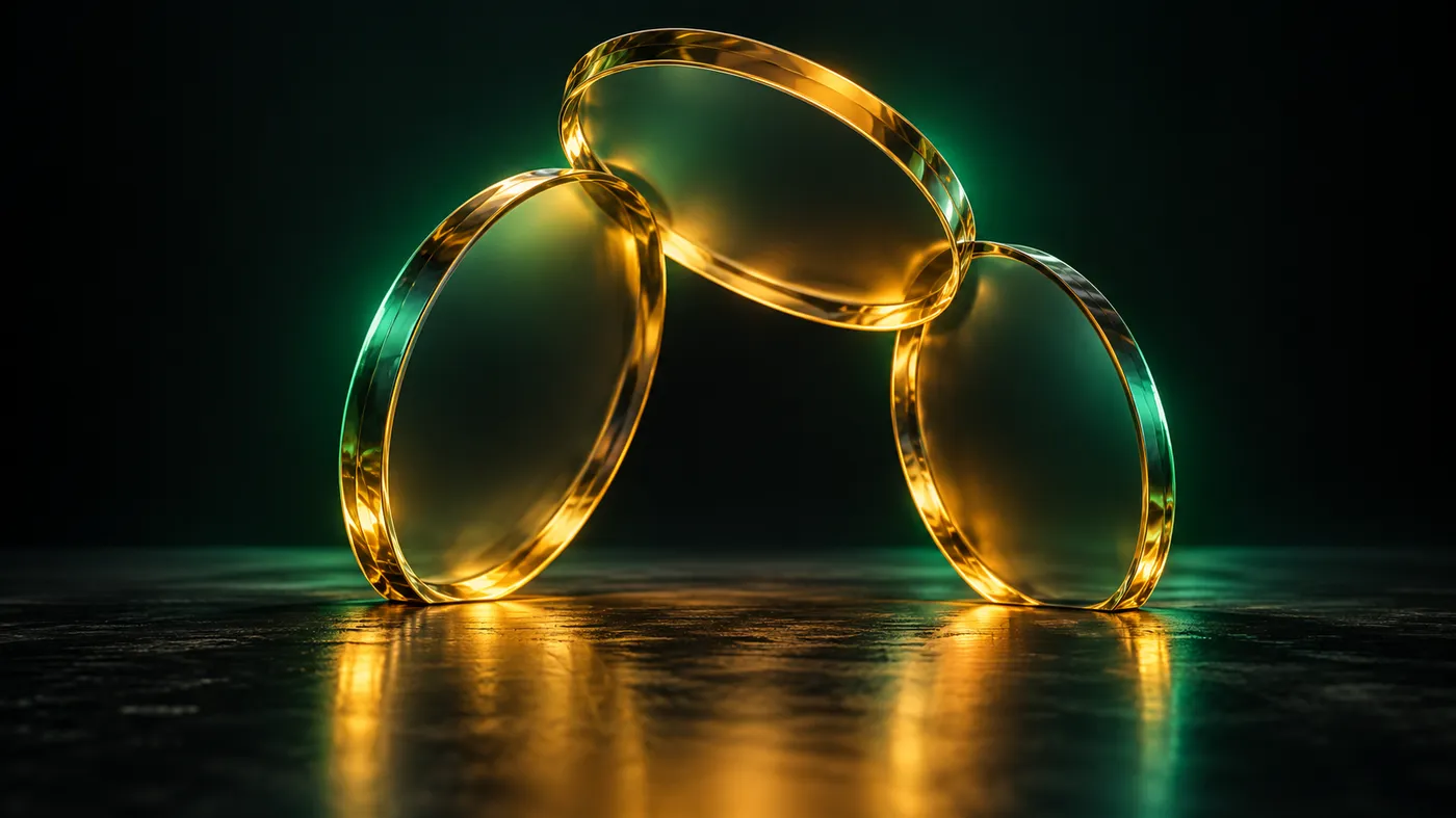 Three blank translucent glass discs leaning together to form an open arch, their edges glowing gold with a green rim light, on a dark reflective studio floor
