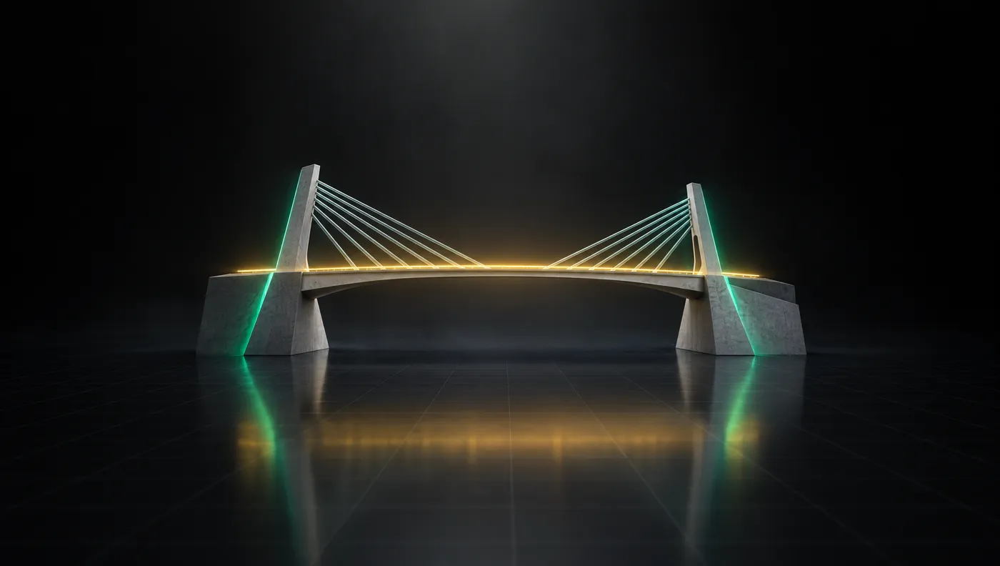 A minimal cable-stayed bridge model with a line of gold light running across its deck