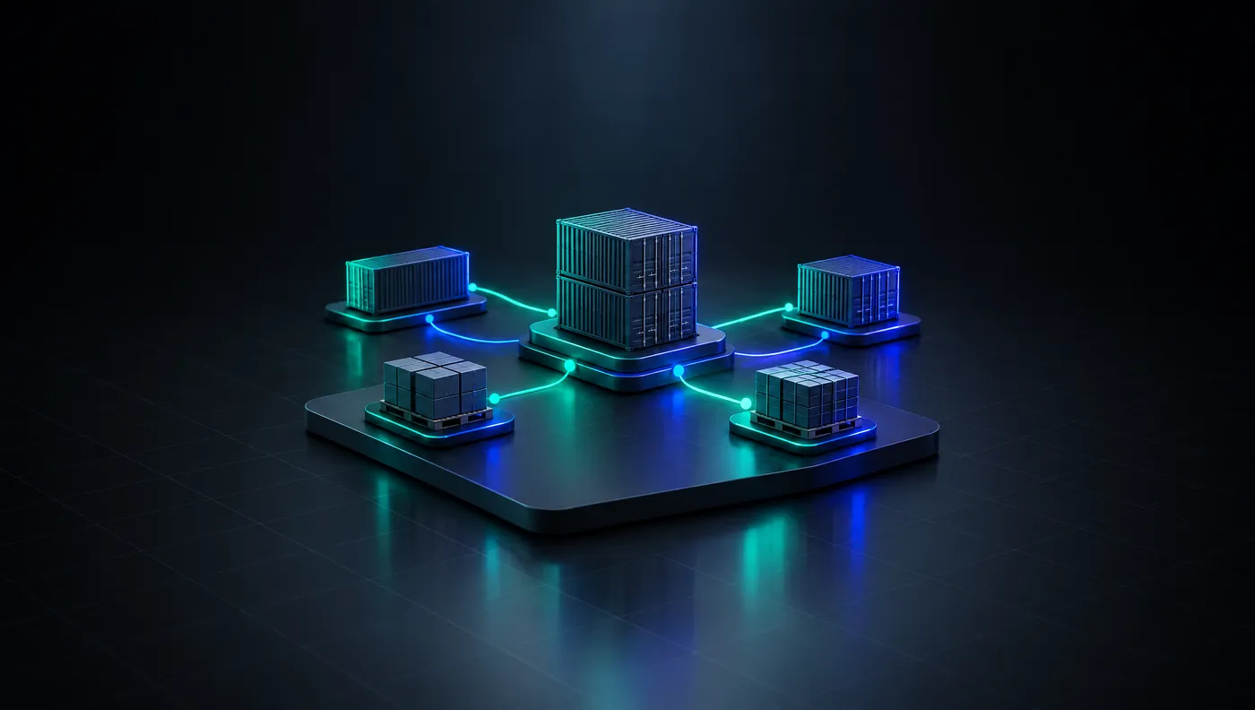 Miniature shipping containers and pallets on a dark platform, linked by glowing route lines