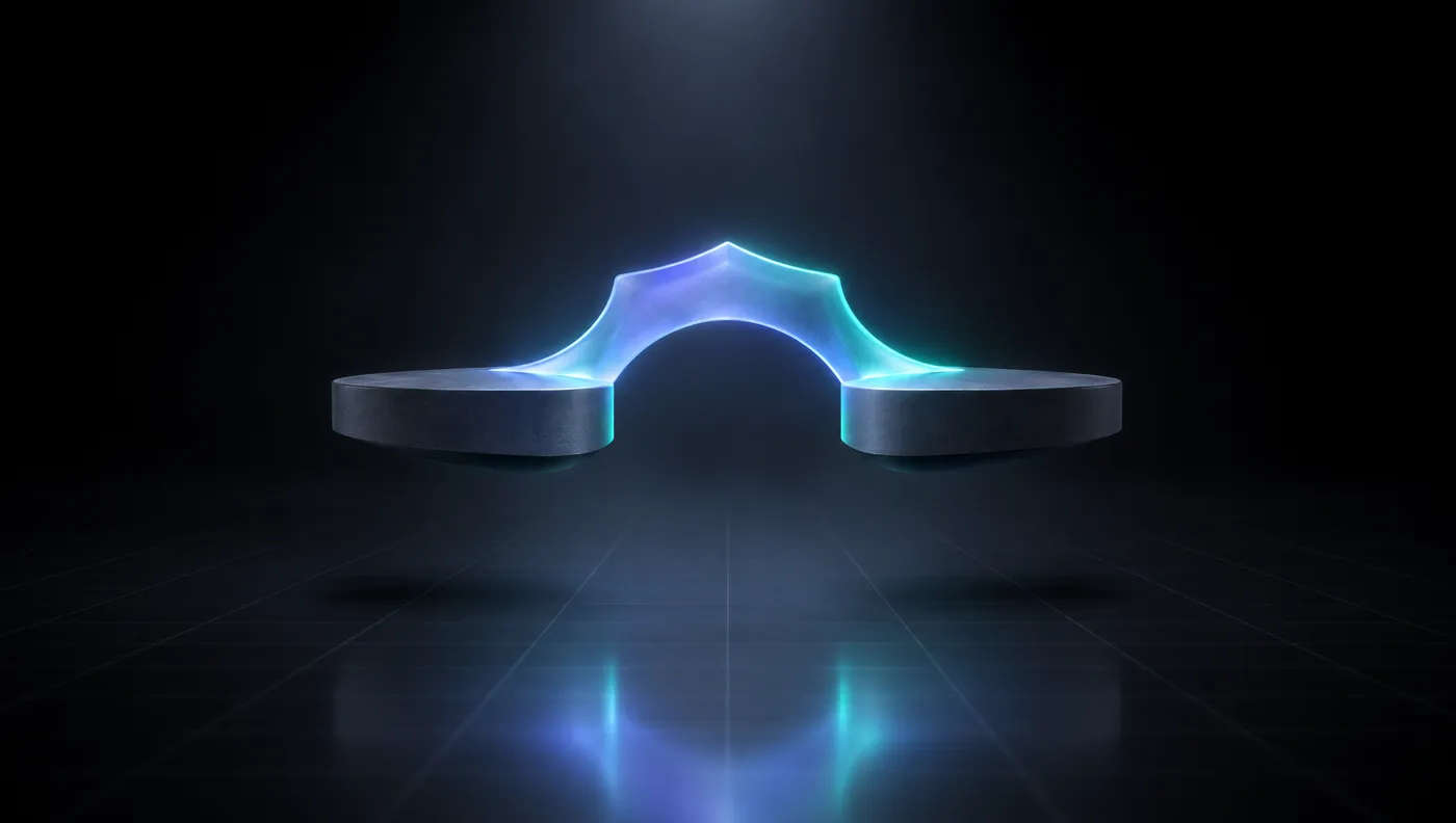 A glowing shield-shaped arch bridging the gap between two floating platforms