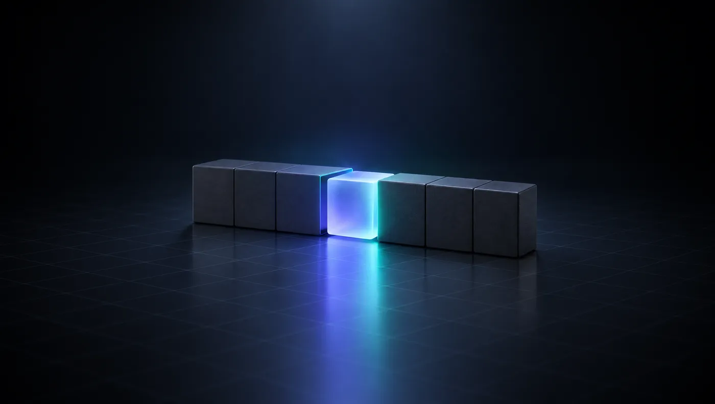 A glowing glass block sliding into the one gap in a wall of dark blocks