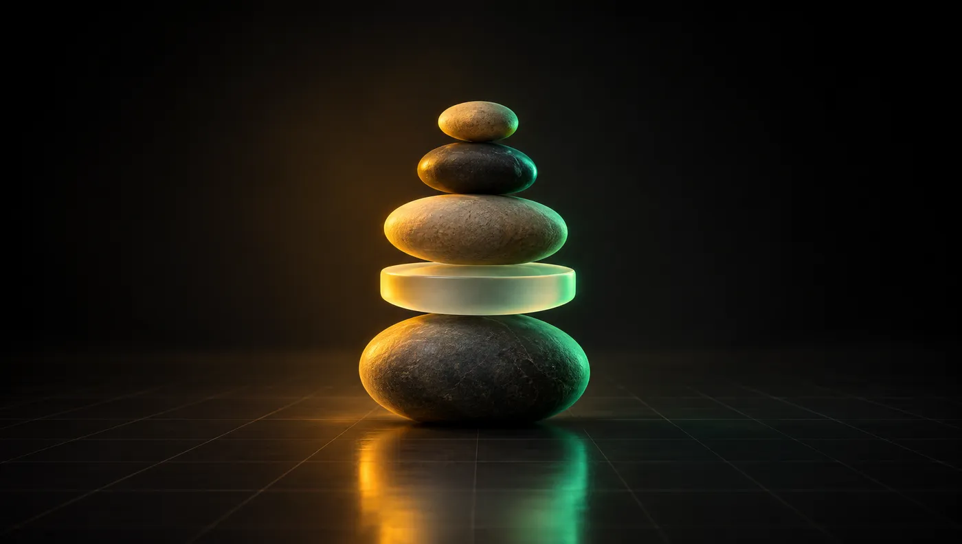 A calmly balanced stack of smooth stones and a glass disc, lit in gold