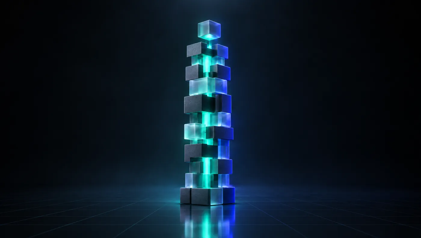 A tall, stable tower of interlocking blocks with a glowing core running through it