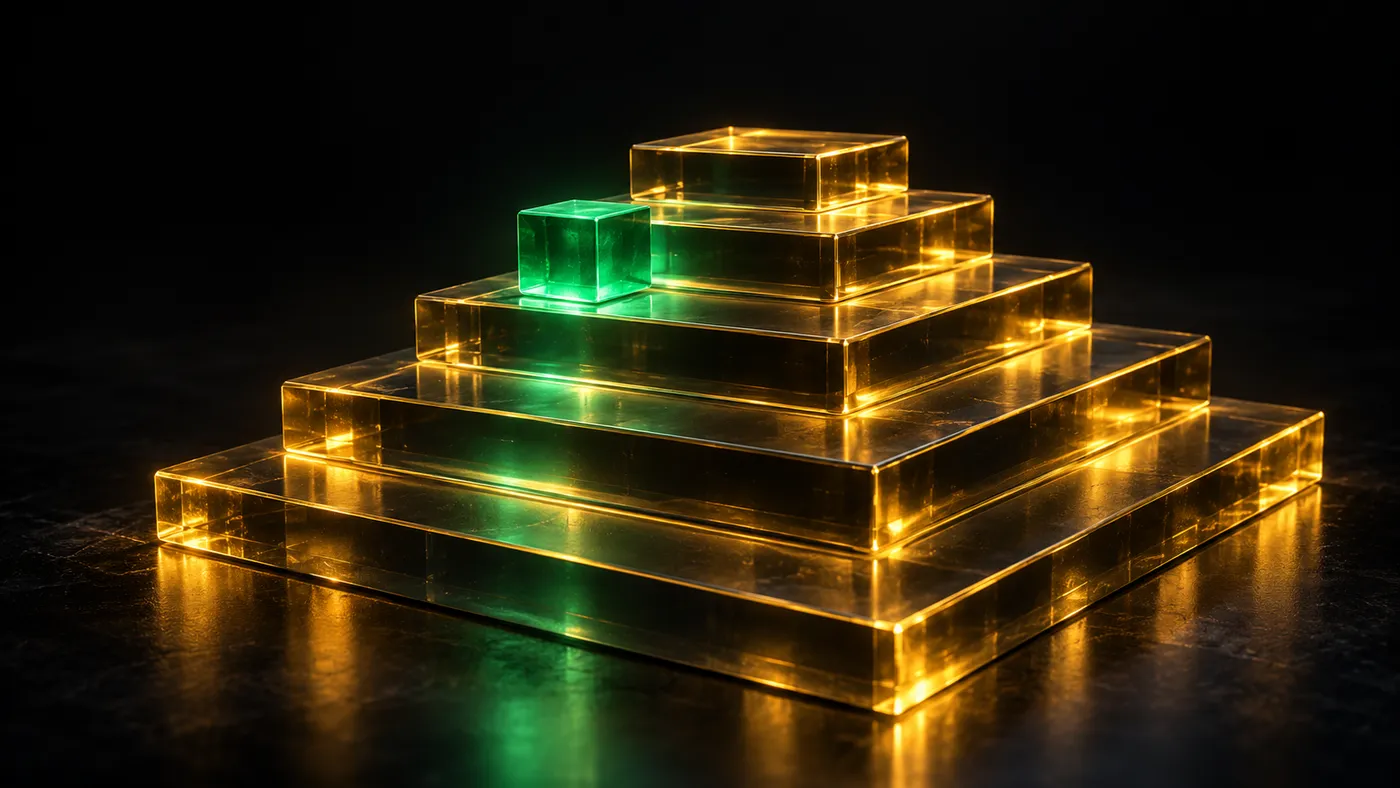 A stepped pyramid of five translucent glass slabs with glowing gold edges on a dark reflective floor, with a small green-lit cube resting partway up the steps