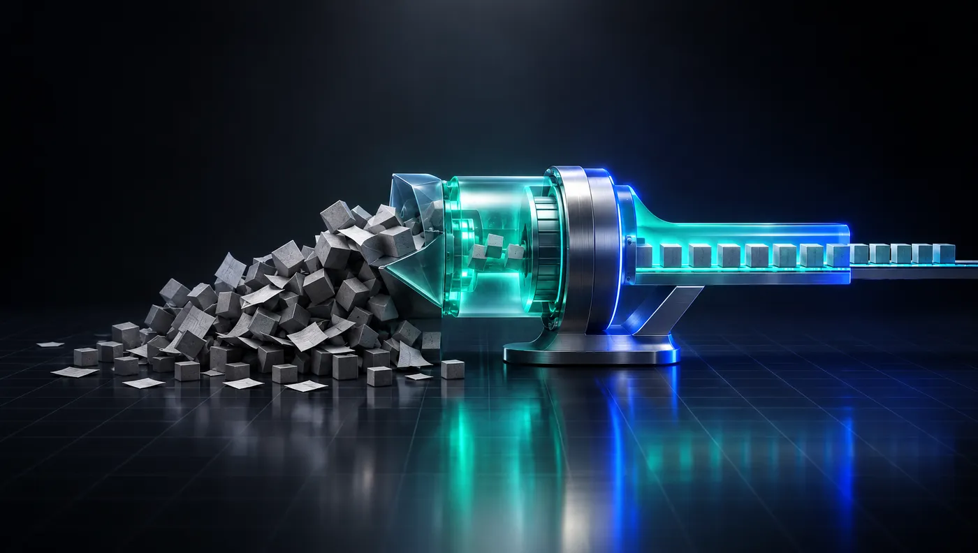 A pile of loose grey blocks feeding into a glowing teal machine that turns them into a neat, even row