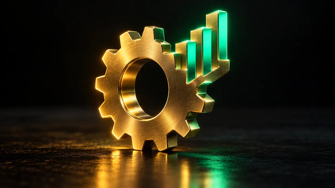A brushed gold gear on a dark reflective floor, its teeth on one side rising into a row of green-lit bars that climb like a chart