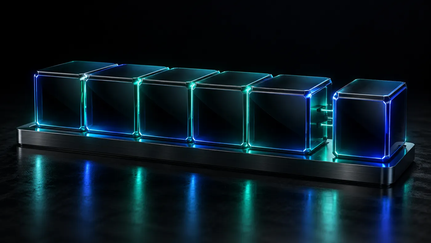 Six dark glass cubes edged in teal and blue light on a brushed metal base, five locked together in a row and the sixth about to click into place