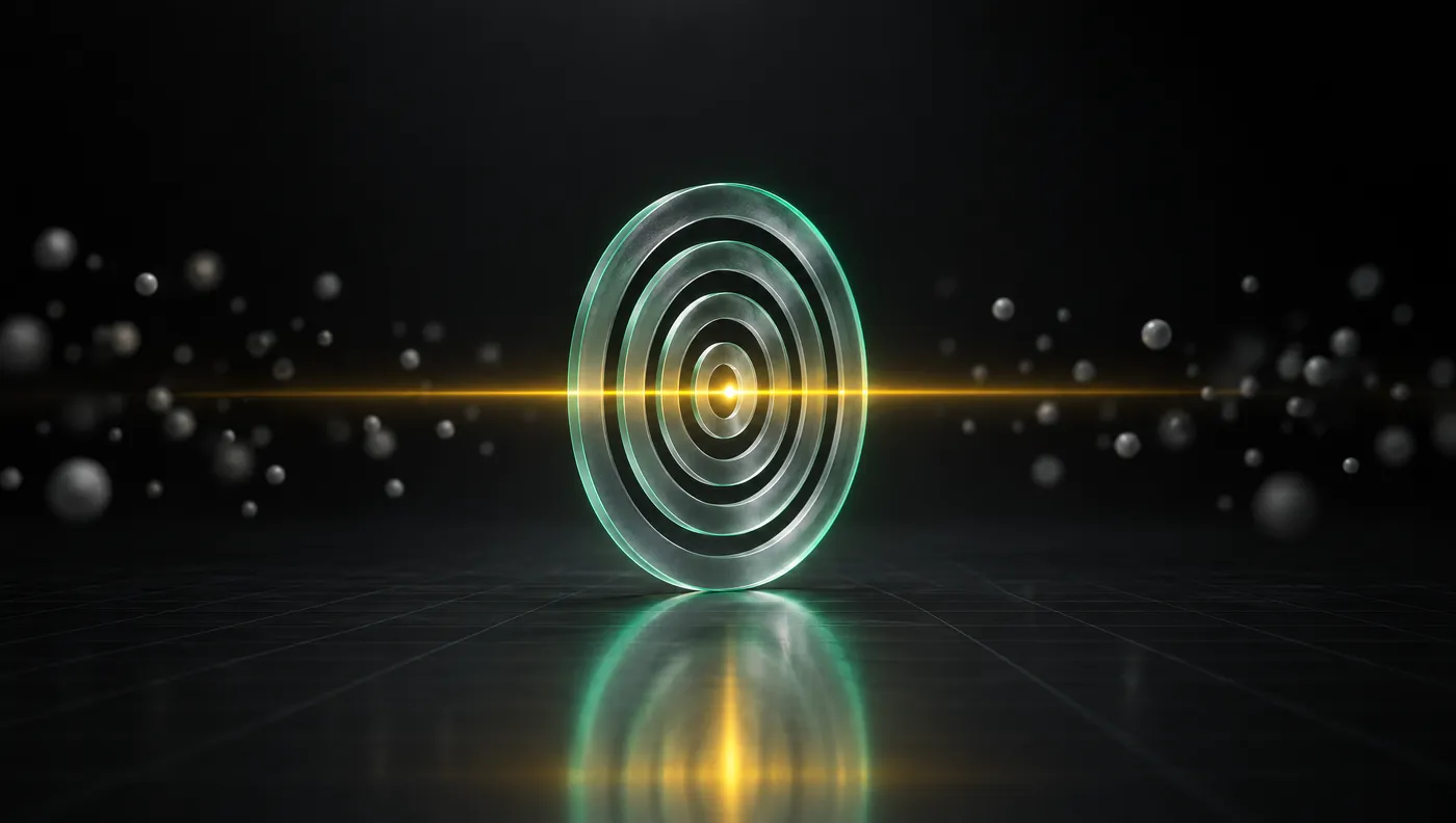 A thin gold beam passing through the centre of glass target rings, ignoring the particles around it