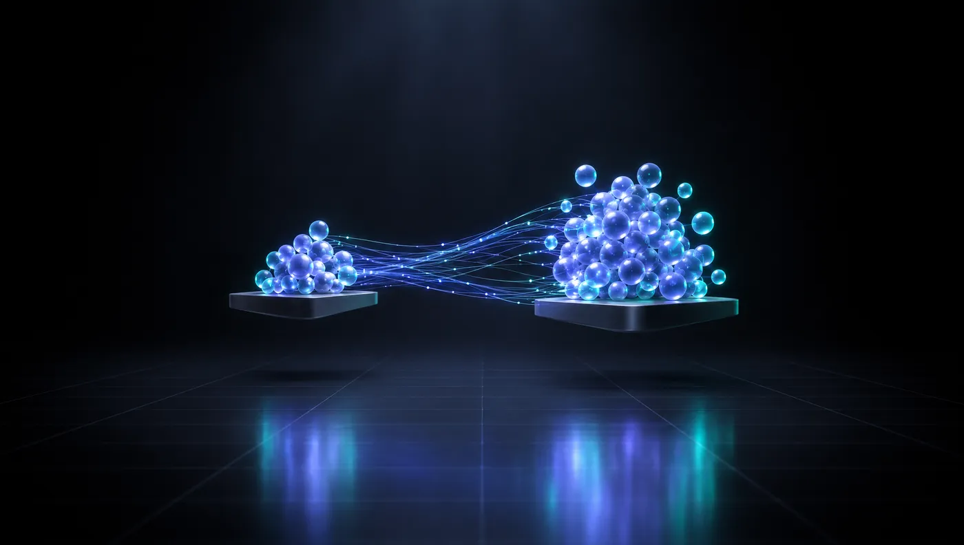 Two clusters of glowing glass spheres on separate platforms, linked by threads of light, the second cluster growing