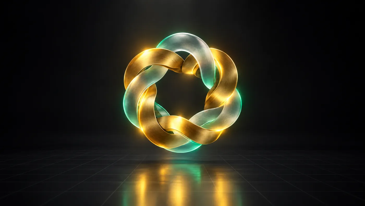 Six interlocking gold and glass rings forming a continuous loop