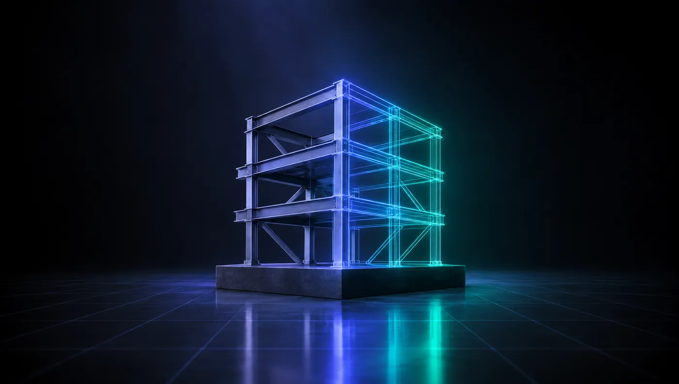 A steel building frame that turns into a glowing wireframe halfway across