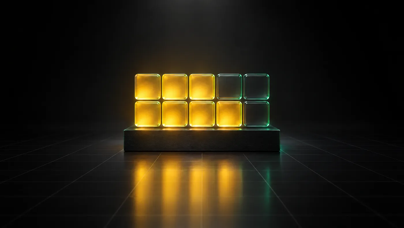 A grid of ten glass tiles, most lit gold and a few still dark