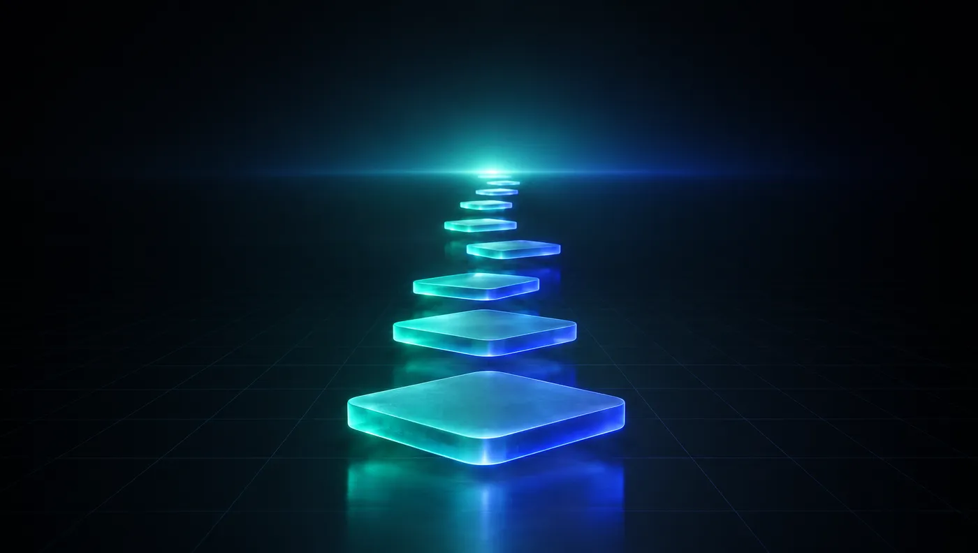 Glowing glass stepping tiles rising towards a bright horizon