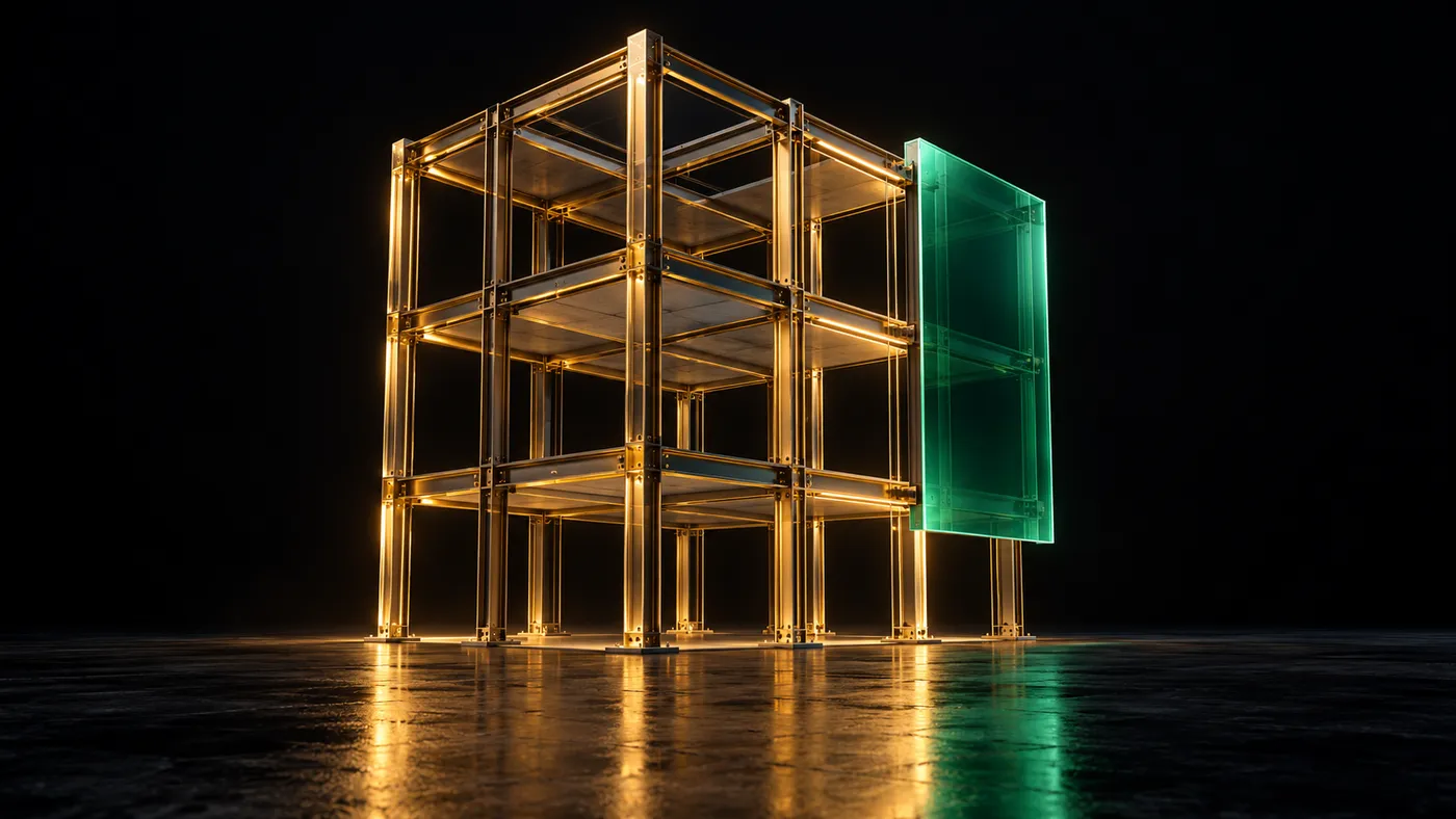 A three-storey steel building frame lit in gold, with a glowing green glass panel fixed to one face, standing on a dark reflective floor