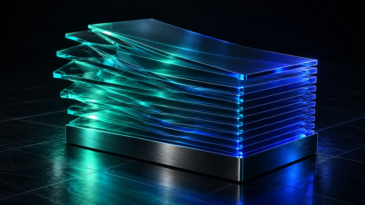 A stack of thin glass sheets on a metal base, fanned and out of line on one side and neatly aligned on the other, lit in teal and blue