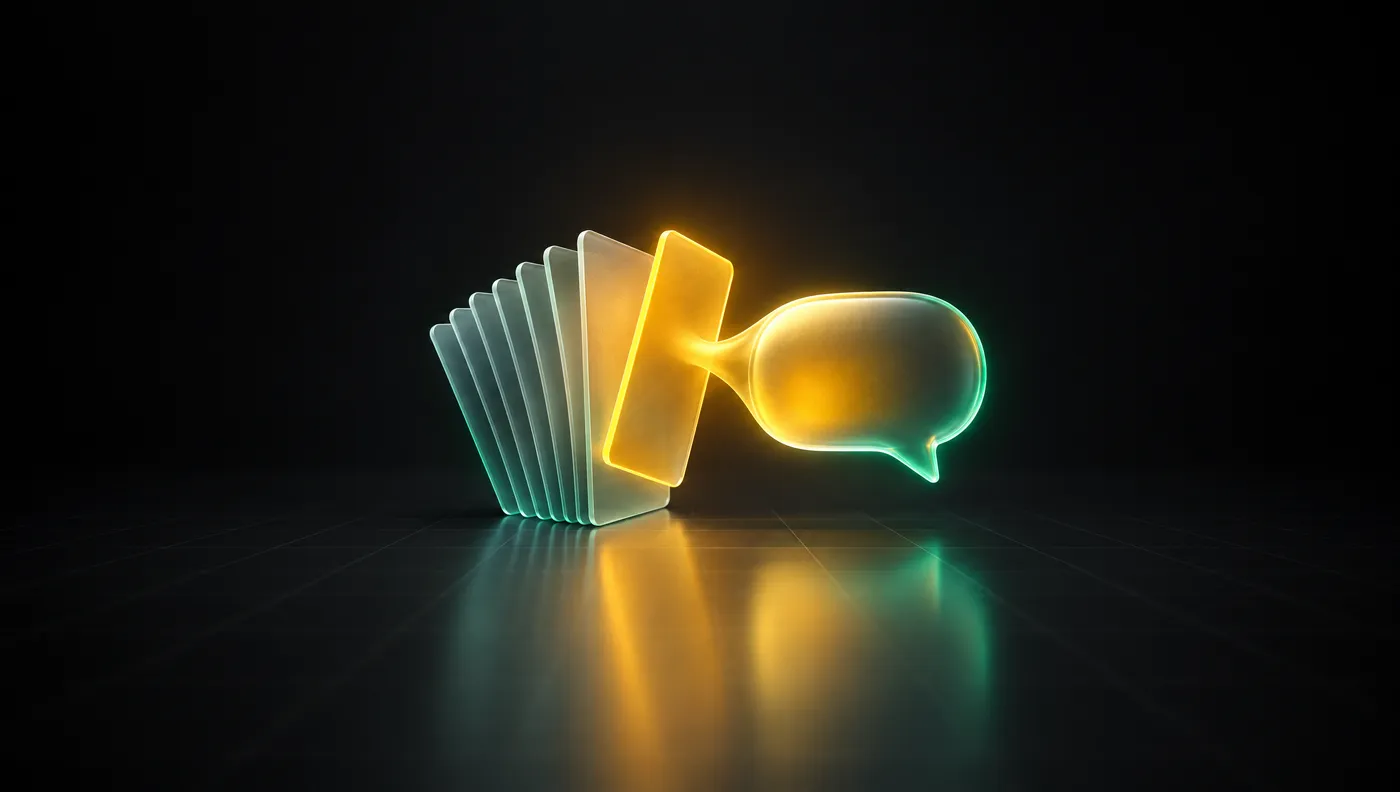 A fan of glass cards with one lifted out, glowing gold and feeding a speech-bubble shape
