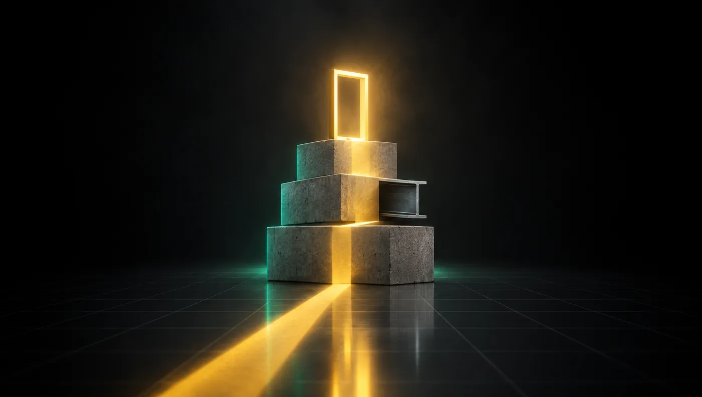 A gold path of light leading up a stack of concrete blocks to a glowing doorway